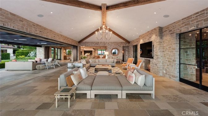 Fireplace, Interior, Living room, Recessed Lighting, Stone Walls, Wooden Beams