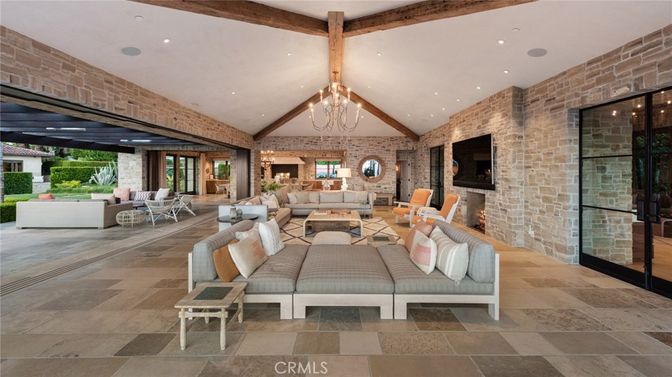 Fireplace, Interior, Living room, Recessed Lighting, Stone Walls, Wooden Beams