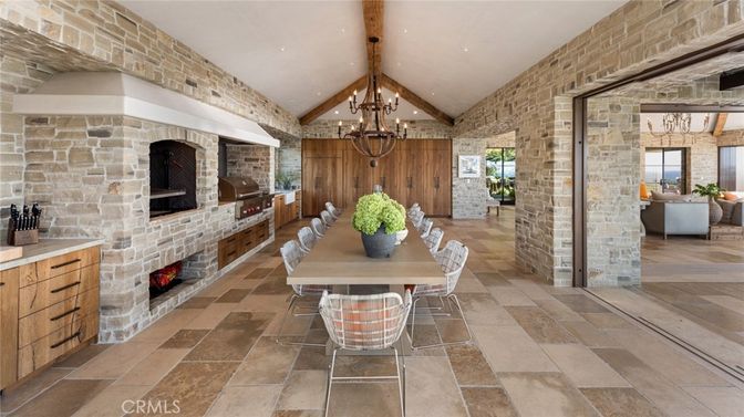 Chandelier, Dining room, Fireplace, Interior, Stone Walls, Wooden Beams