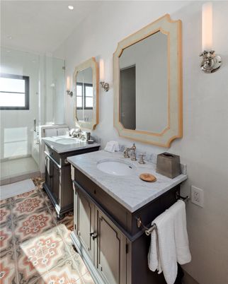 Bathroom, Dual Sink Vanities, Glass Shower, Interior, Recessed Lighting, Tile Countertops