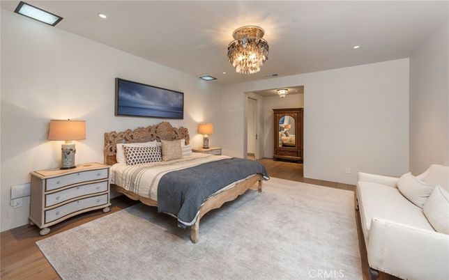 Bedroom, Chandelier, Interior, Recessed Lighting, Wood Texture Flooring