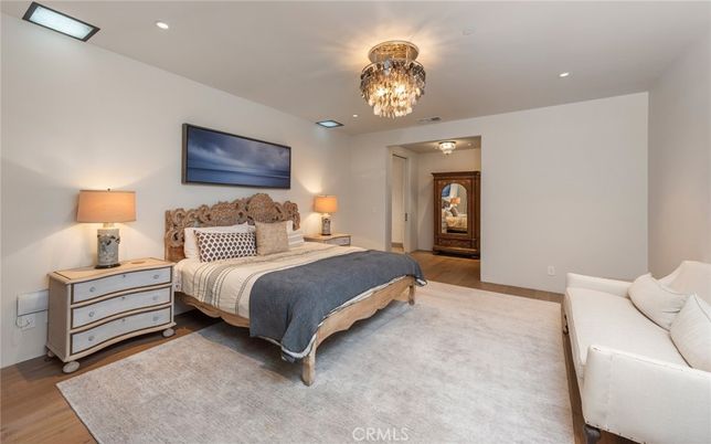 Bedroom, Chandelier, Interior, Recessed Lighting, Wood Texture Flooring