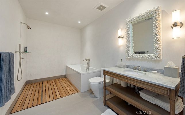 Bathroom, Dual Sink Vanities, Interior, Recessed Lighting, Wood Texture Flooring