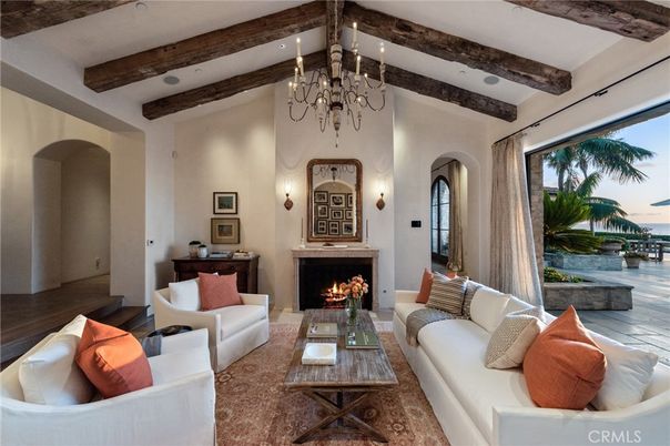 Chandelier, Fireplace, Interior, Living room, Recessed Lighting, Wooden Beams