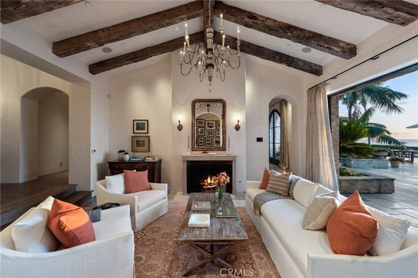Chandelier, Fireplace, Interior, Living room, Recessed Lighting, Water, Wooden Beams