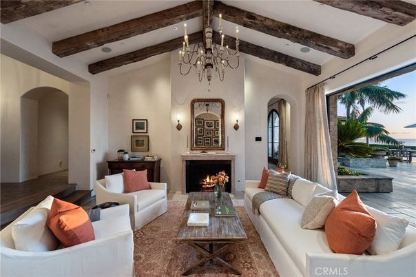 Chandelier, Fireplace, Interior, Living room, Recessed Lighting, Water, Wooden Beams