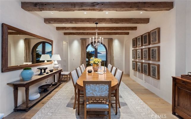 Chandelier, Dining room, Interior, Pendant Lights, Recessed Lighting, Wooden Beams, Wood Texture Flooring