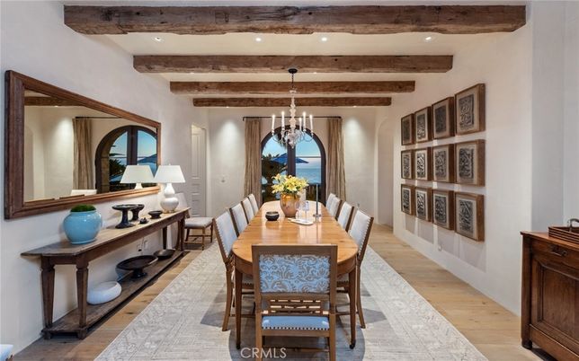Chandelier, Dining room, Interior, Recessed Lighting, Water, Wooden Beams, Wood Texture Flooring