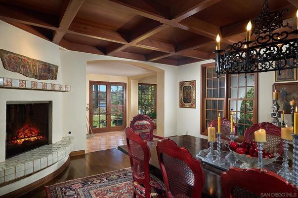 Chandelier, Dining room, Fireplace, Interior, Wooden Beams, Wooden Ceilings, Wood Texture Flooring
