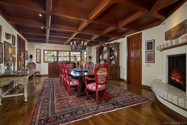 Chandelier, Dining room, Fireplace, Interior, Wooden Beams, Wooden Ceilings, Wood Texture Flooring