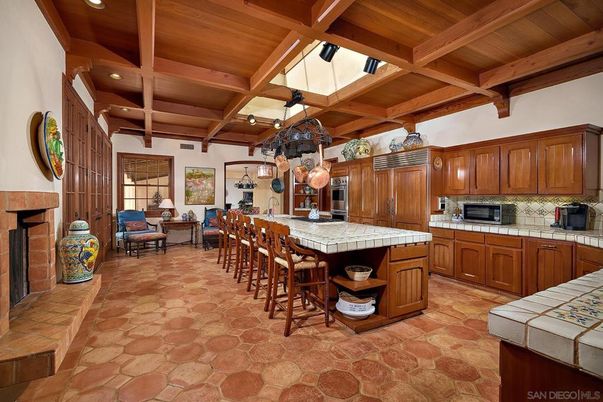 Interior, Kitchen, Living room, Recessed Lighting, Tile Countertops, Wooden Beams, Wooden Ceilings