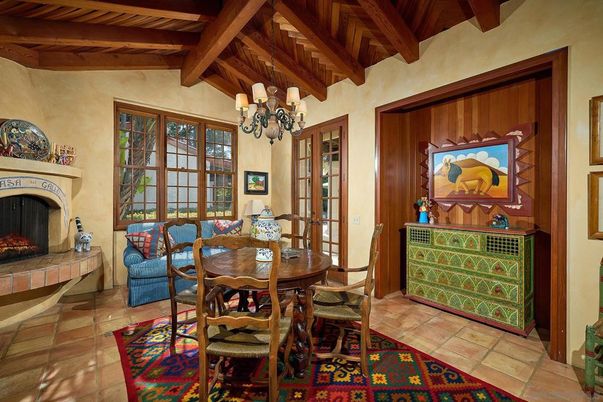 Chandelier, Dining room, Fireplace, Interior, Wooden Beams, Wooden Ceilings