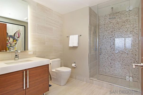 Bathroom, Glass Shower, Interior, Wood Texture Flooring
