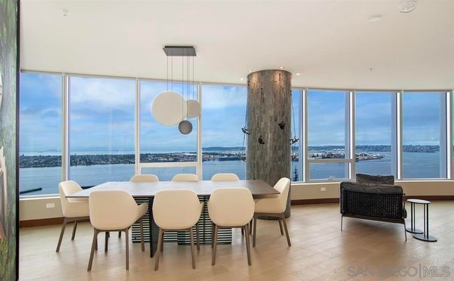 Dining room, Interior, Pendant Lights, Recessed Lighting, Water, Wood Texture Flooring