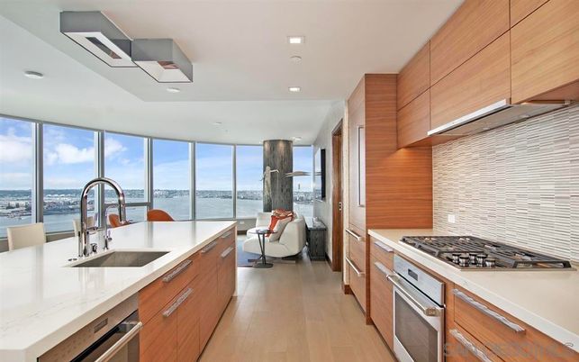 Interior, Kitchen, Living room, Recessed Lighting, Stainless Steel Appliances, Water, Wood Texture Flooring