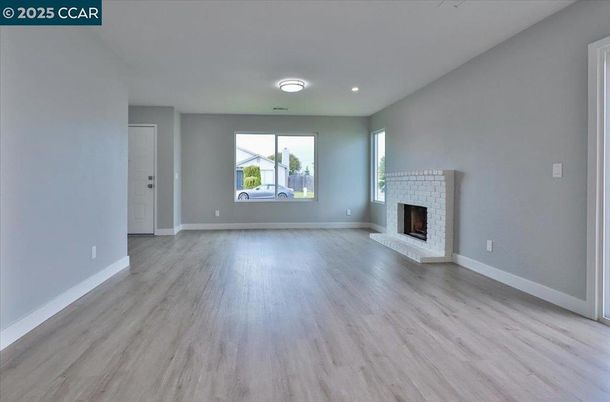 Empty room, Fireplace, Interior, Recessed Lighting, Wood Texture Flooring
