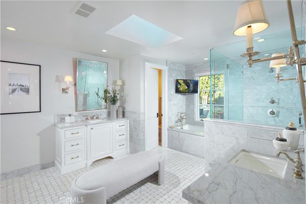 Bathroom, Glass Shower, Interior, Marble Walls, Recessed Lighting