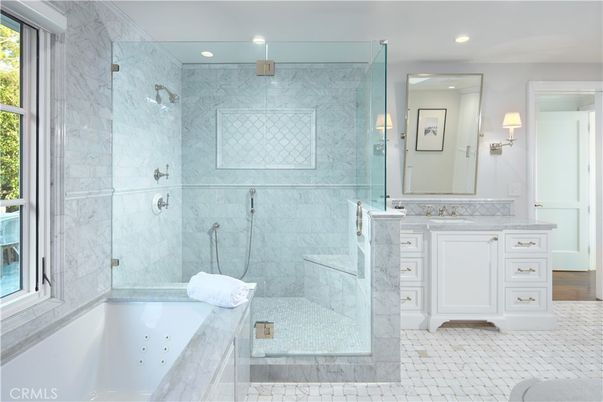 Bathroom, Glass Shower, Interior, Marble Walls, Recessed Lighting