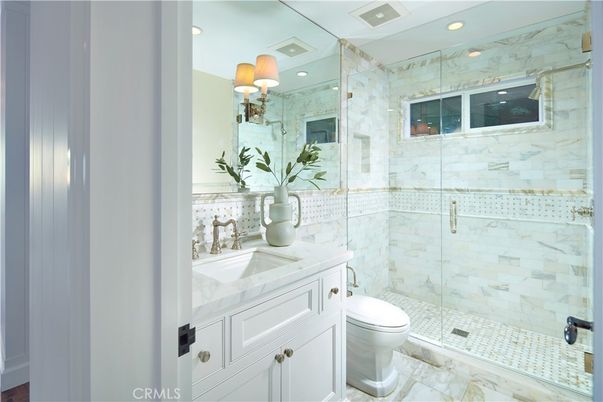 Bathroom, Glass Shower, Interior, Marble, Marble Walls, Recessed Lighting