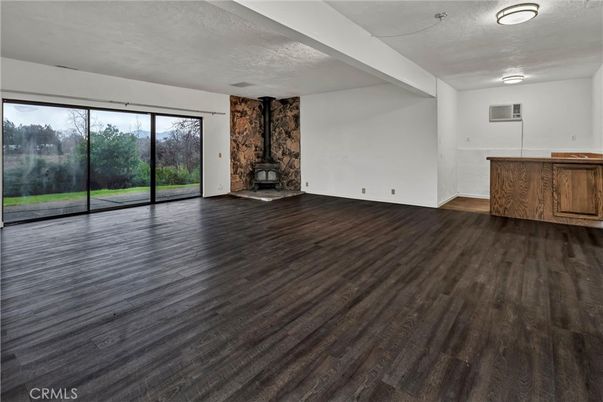 Empty room, Fireplace, Interior, Stone Walls, Wood Texture Flooring
