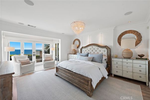 Bedroom, Chandelier, Interior, Recessed Lighting, Water, Wood Texture Flooring