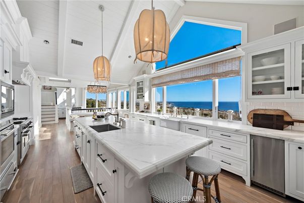 Interior, Kitchen, Pendant Lights, Stainless Steel Appliances, Water, Wood Texture Flooring