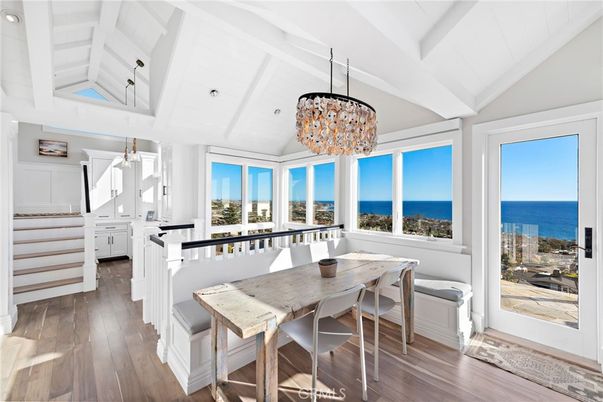 Dining room, Interior, Pendant Lights, Water, Wood Texture Flooring
