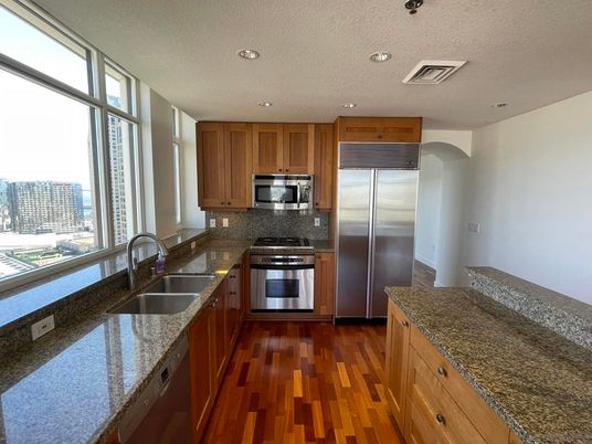 Interior, Kitchen, Recessed Lighting, Stainless Steel Appliances, Wood Texture Flooring