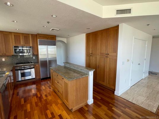Interior, Kitchen, Recessed Lighting, Stainless Steel Appliances, Wood Texture Flooring