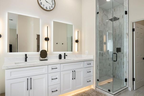 Bathroom, Dual Sink Vanities, Glass Shower, Interior, Marble Walls