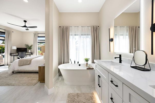 Bathroom, Bedroom, Dual Sink Vanities, Free Standing Baths, Interior, Marble, Recessed Lighting
