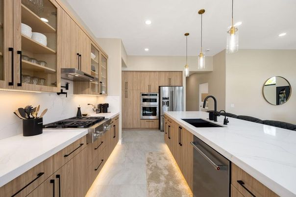 Interior, Kitchen, Marble, Pendant Lights, Recessed Lighting, Stainless Steel Appliances