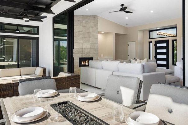 Dining room, Fireplace, Interior, Living room, Recessed Lighting