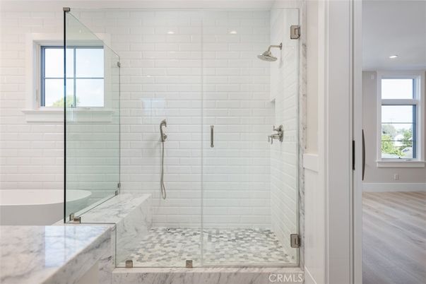Bathroom, Glass Shower, Interior, Marble, Recessed Lighting, Wood Texture Flooring