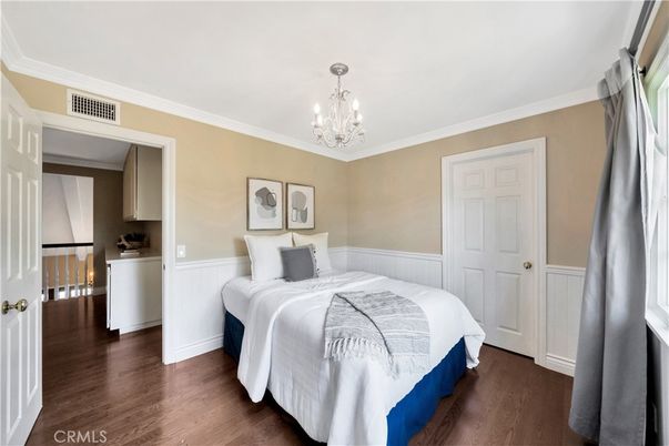 Bedroom, Chandelier, Interior, Wood Texture Flooring