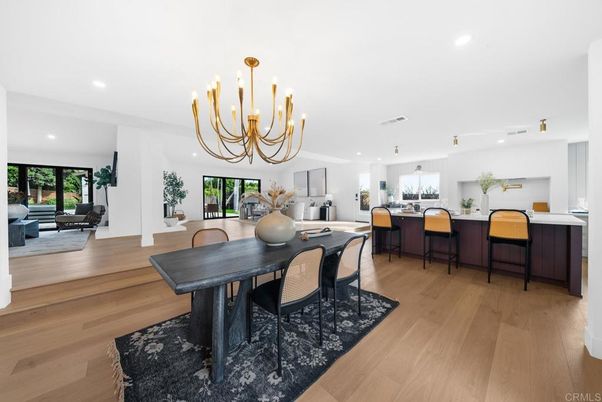 Chandelier, Dining room, Interior, Kitchen, Living room, Recessed Lighting, Wood Texture Flooring