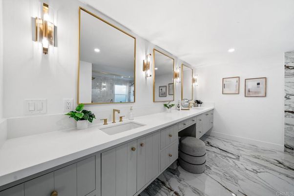 Bathroom, Dual Sink Vanities, Interior, Marble, Recessed Lighting
