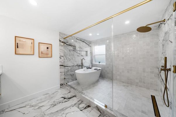Bathroom, Free Standing Baths, Glass Shower, Interior, Marble, Marble Walls, Recessed Lighting