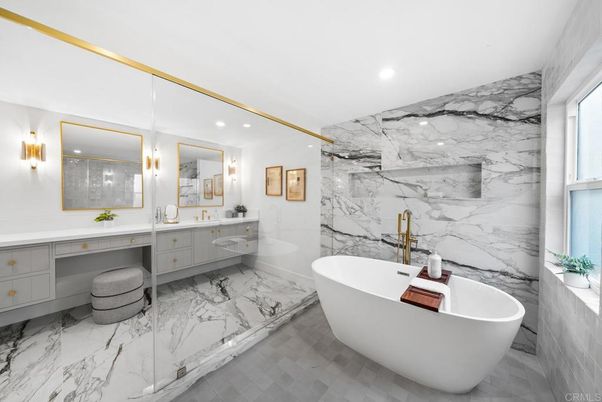 Bathroom, Dual Sink Vanities, Free Standing Baths, Interior, Marble, Marble Walls, Recessed Lighting