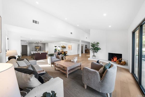 Dining room, Fireplace, Interior, Kitchen, Living room, Pendant Lights, Recessed Lighting, Wood Texture Flooring