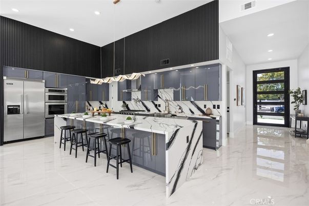 Interior, Kitchen, Marble, Pendant Lights, Recessed Lighting, Stainless Steel Appliances