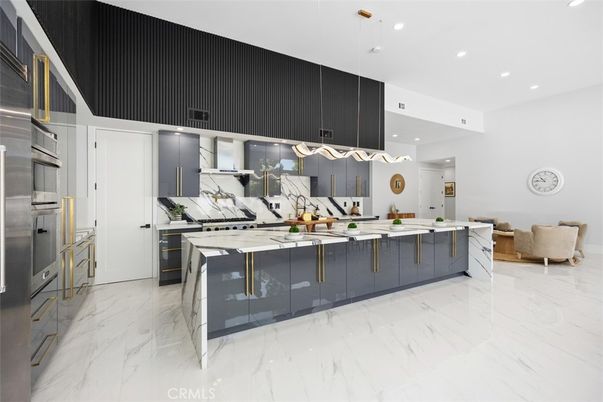 Interior, Kitchen, Marble, Pendant Lights, Recessed Lighting, Stainless Steel Appliances