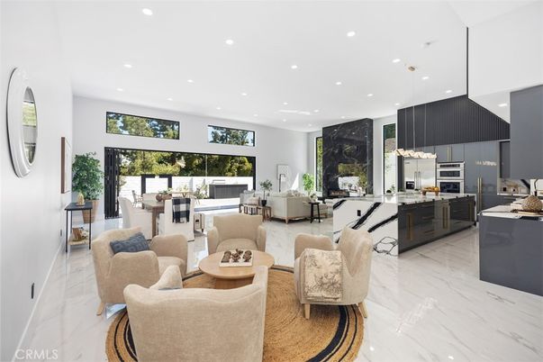 Dining room, Interior, Kitchen, Living room, Marble, Recessed Lighting, Stainless Steel Appliances