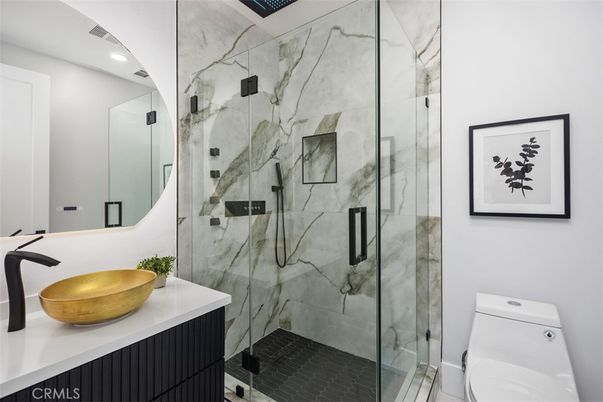 Bathroom, Glass Shower, Interior, Marble Walls, Recessed Lighting