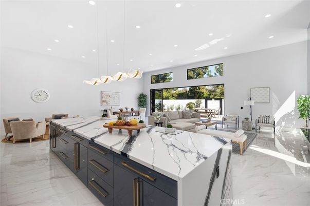 Dining room, Interior, Kitchen, Living room, Marble, Pendant Lights, Recessed Lighting