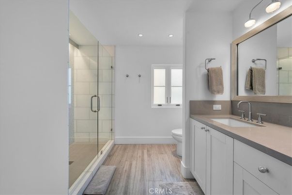 Bathroom, Glass Shower, Interior, Recessed Lighting, Wood Texture Flooring