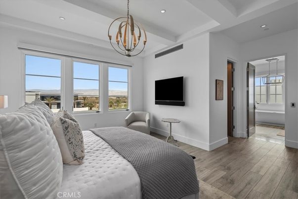 Bedroom, Interior, Pendant Lights, Recessed Lighting, Wood Texture Flooring