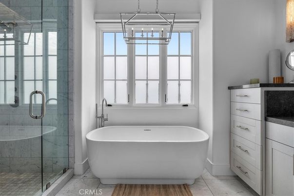 Bathroom, Free Standing Baths, Glass Shower, Interior, Marble, Marble Walls, Pendant Lights