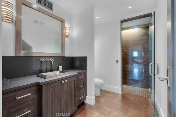 Bathroom, Glass Shower, Interior, Recessed Lighting, Wood Texture Flooring