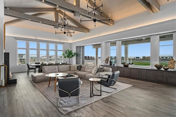 Dining room, Interior, Living room, Pendant Lights, Wooden Beams, Wood Texture Flooring